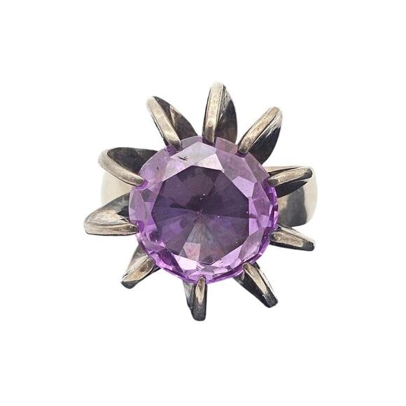Taxco Jewelry - VTG Taxco Mexico Sterling Silver Round Purple Sapphire Cocktail Ring Size 4.5